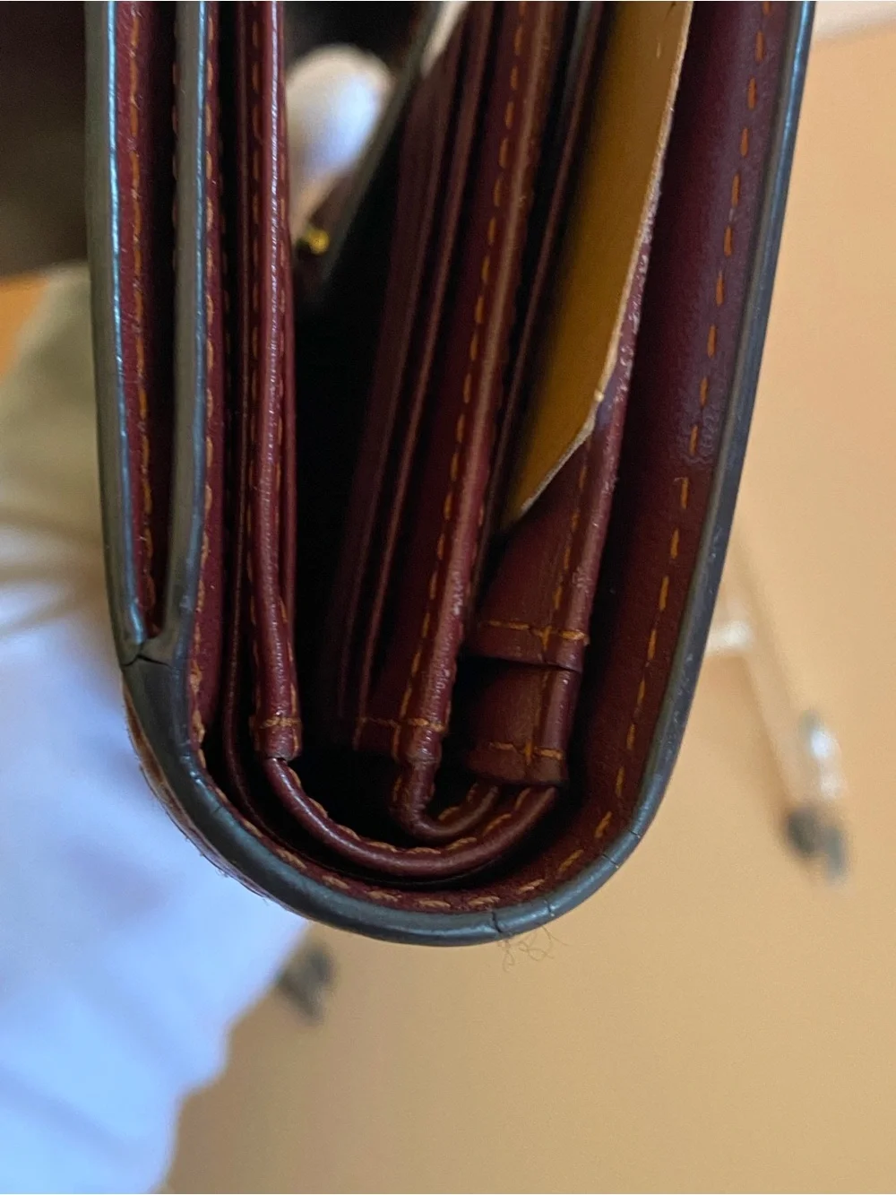 MCM Two-Tone Trifold Leather Continental Wallet in Burgundy and Cognac Brown